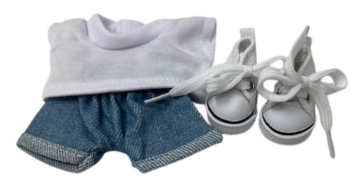 Denim Shorts with White T-Shirt & High-Top Sneakers for 17.5cm Labubu Dolls