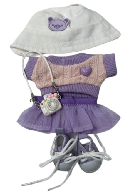Complete Clothing Set for 17.5cm Dolls with Hat, Sweater, Skirt, Shoes, and Camera Accessory