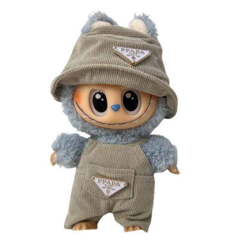 Tan Fine-Line Corduroy Overalls with Matching Hat for 17.5 cm Labubu Dolls