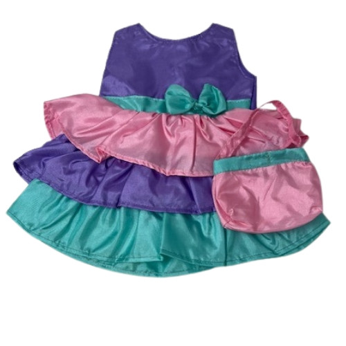 Lavender Bodice Doll Dress with Colorful Ruffle Skirt, Mint Bow & Matching Purse