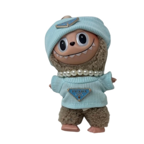 Baby Blue Knit Sweater Set with Matching Hat and Pearls for 17.5 cm Labubu Dolls