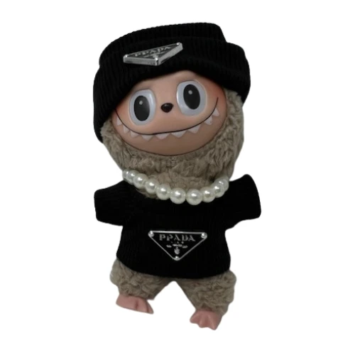 Elegant Black High-Fashion Sweater Set with Matching Hat and Pearl Necklace fits 17.5cm Collectable doll