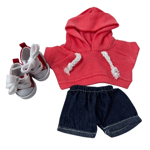 Red Hoodie and Jeans Outfit with High-Top Sneakers for 17.5cm Labubu Dolls