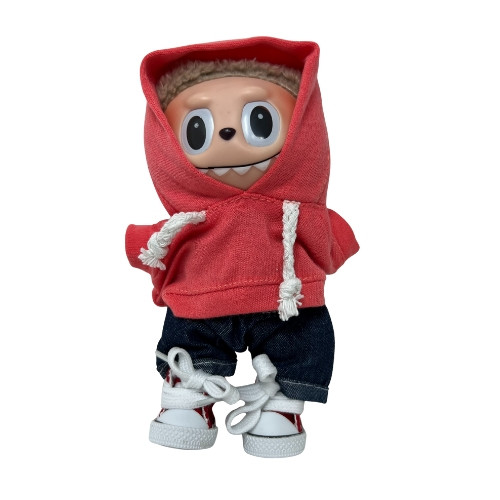 Red Hoodie and Jeans Outfit with High-Top Sneakers for 17.5 Labubu Dolls