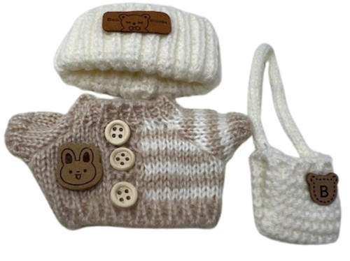 Doll Clothes Superstore Tan and White Sweater with Coordinating Hat for 17.5cm Labubu Dolls