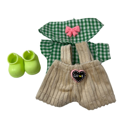 Green Gingham Shirt & Visor Set with Tan Corduroy Overalls and Green Shoes for Labubu