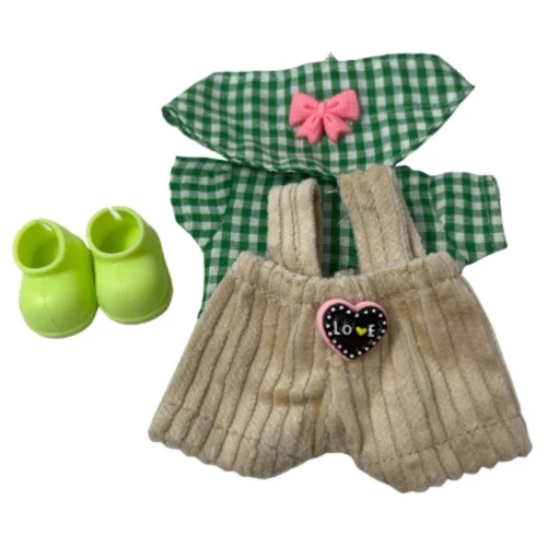 Green Gingham Shirt & Visor Set with Tan Corduroy Overalls and Green Shoes fits 17.5cm Collectable Dolls