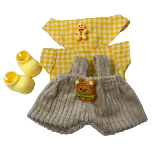 Sweet Corduroy Overalls Set with Yellow Check Shirt, Cap & Shoes for Labubu