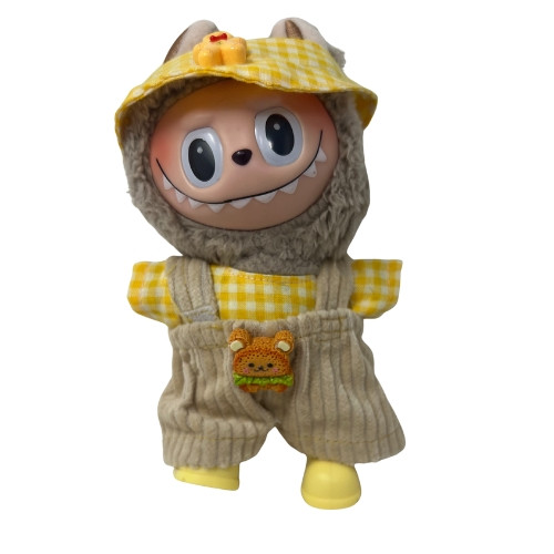 Sweet Corduroy Overalls Set with Yellow Check Shirt, Cap & Shoes for Labubu