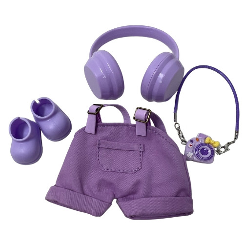 Lavender Lover 4-Piece Outfit Set for 17.5cm Labubu Dolls – Overalls, Shoes, Headphones & Camera