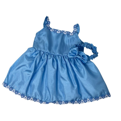 Sweet Blossom Blue Silk Dress with Floral Trim & Headband – Fits 15–16 Inch Baby Dolls