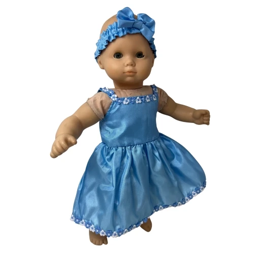 Sweet Blossom Blue Silk Dress with Floral Trim & Headband – Fits 15–16 Inch Baby Dolls
