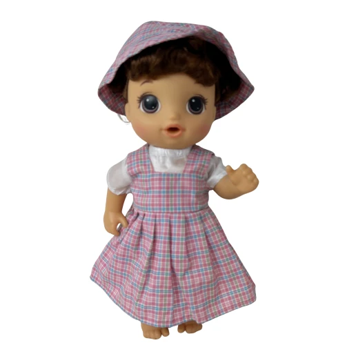 Pastel Plaid School Dress with Blouse & Hat for Baby Alive Dolls