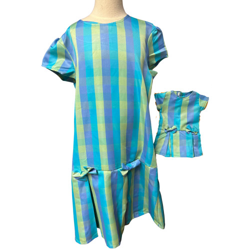 Matching Girl and Doll Dress Set – Size 14 – Green and Blue Striped Dress