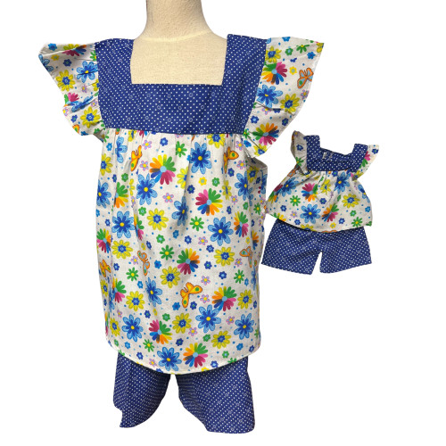 Size 8 Matching Girl and Doll Short Set – Floral and Polka Dot Print Outfit