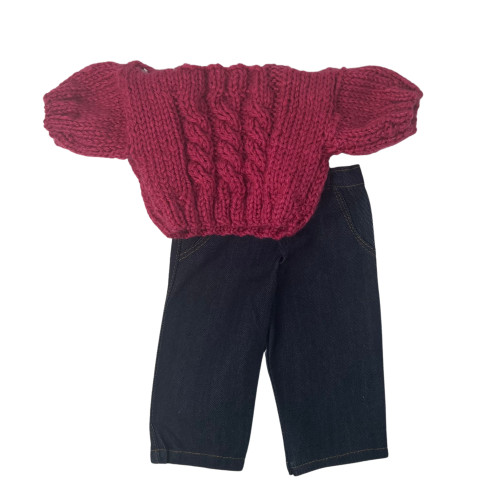 Raspberry Handknit Sweater and Jeans for 15–16 Inch Baby & Cabbage Patch Kid Dolls