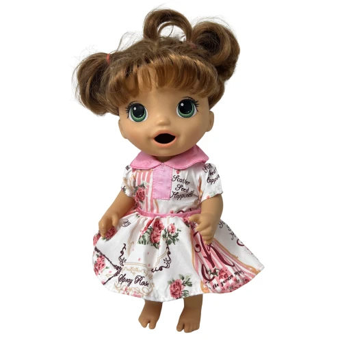 Patchwork Rose Print Dress with “Scatter Seeds of Happiness” for 12 Inch Baby Alive Dolls