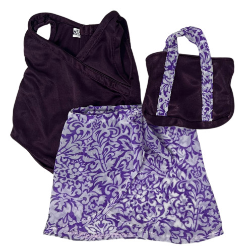 Purple One Piece Bathing Suit Set for 18 Inch Dolls with Flower Print Cover Up and Matching Beach Bag