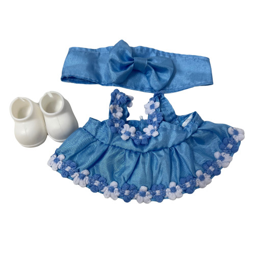 Baby Blue Silk Dress Outfit with Embroidered Flower Trim, Headband & Shoes for 17.5cm Labubu Doll