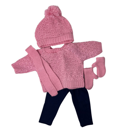 Complete Winter Outfit of Pink Sweater, Navy Pants, Hat, Scarf & Mittens Set for 18 Inch Dolls