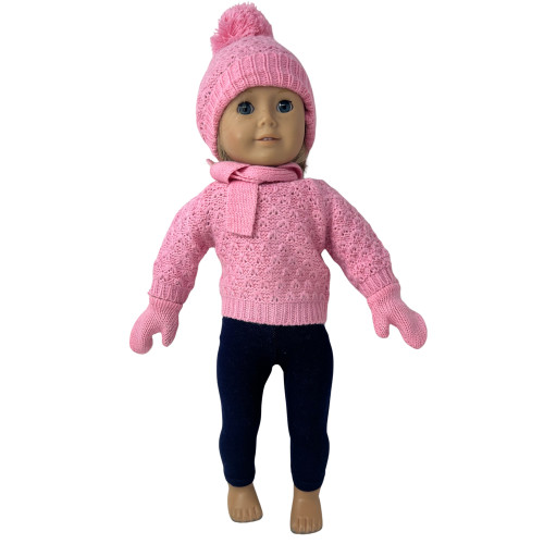 Complete Winter Outfit of Pink Sweater, Navy Pants, Hat, Scarf & Mittens Set for 18 Inch Dolls