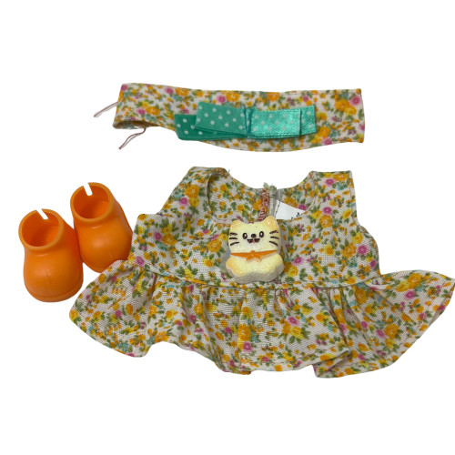 Orange Floral Dress with Matching Shoes for Labubu Dolls – Handmade 17.5cm Doll Outfit Set