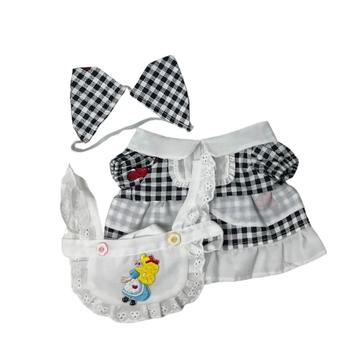 Black & White Check Dress with Apron with Red Hearts & Matching Ears fit 17.5cm Collectable Doll Outfit