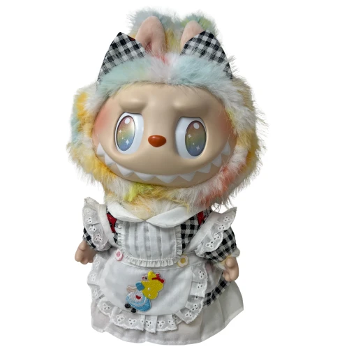 Black & White Check Dress with Apron with Red Hearts & Matching Ears fit 17.5cm Collectable Doll Outfit