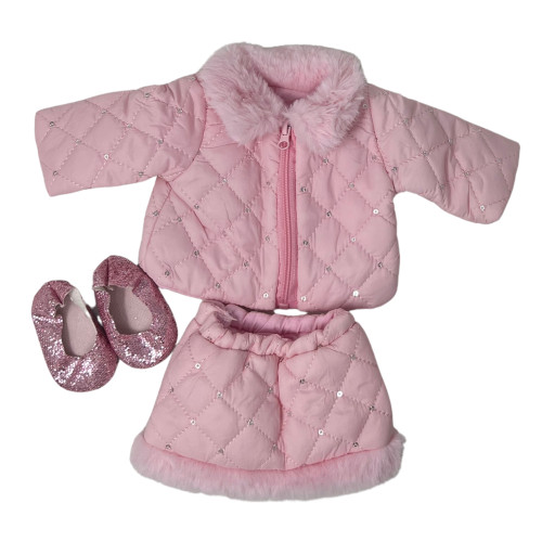 Pink Quilted Coat & Skirt Set for 18 Inch Dolls – Fur Trim Jacket, Sequin Fabric, Glitter Shoes Outfit