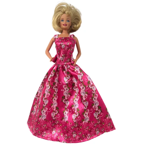Pink Rose Evening Gown for 11.5 Inch Fashion Dolls with Bow and Heels, Floral Formal Outfit