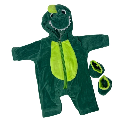 Two-Tone Green Dinosaur Hooded Suit for 14–15 Inch Baby Dolls, Soft Fleece Zip-Up Costume with Spikes