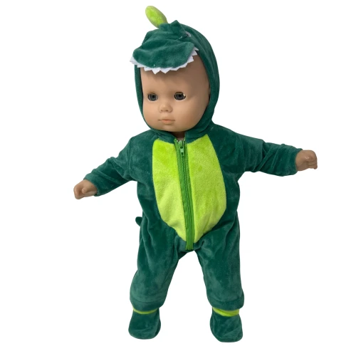 Two-Tone Green Dinosaur Hooded Suit for 14–15 Inch Baby Dolls, Soft Fleece Zip-Up Costume with Spikes