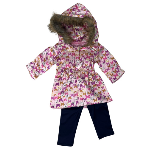 Butterfly Hooded Jacket & Navy Pants Set for 18 Inch Dolls – Faux Fur Trim Coat, Handmade Doll Clothes