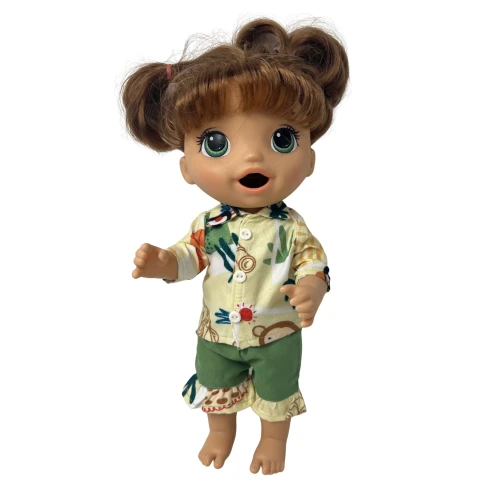 Safari Animal Outfit for 12 Inch Baby Dolls – Yellow Jungle Print Shirt & Green Pants Set
