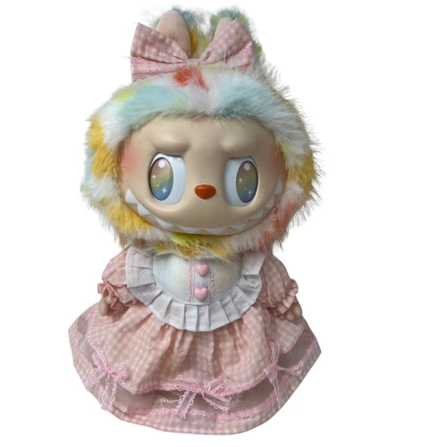 Pink Check Dress with Puff Sleeve and Lace Trim & Bow fit 17.5cm Collectable Dolls