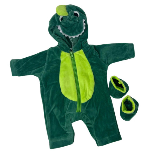 Dinosaur Hooded Suit of Green Fleece Dino Costume with Spikes and Zip Front Outfit  for 14–15 Inch Baby Dolls, 