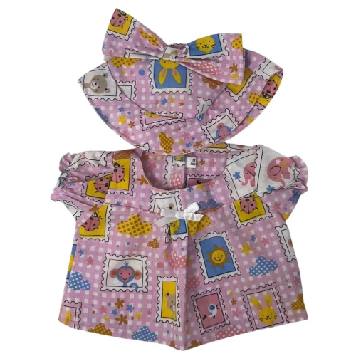 Patchwork Bunny Bear Bird Print Doll Outfit Set Animal Dress with Hat for 37cm Collectable Dolls
