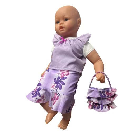 Three Piece Outfit for 20-22 Inch Big Baby Dolls – Lavender Blouse, Floral Skirt and Matching Purse