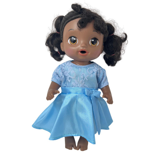 Blue Faux Silk Party Dress for 14 Inch Baby Alive Dolls and Little Baby Dolls with Lace Overlay and Bow 