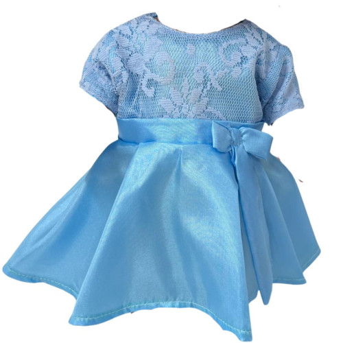 Blue Faux Silk Party Dress for 14 Inch Baby Alive Dolls and Little Baby Dolls with Lace Overlay and Bow 