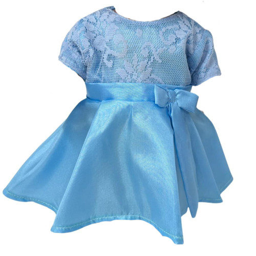 Blue Faux Silk Party Dress for 14 Inch Baby Alive Dolls and Little Baby Dolls with Lace Overlay and Bow 