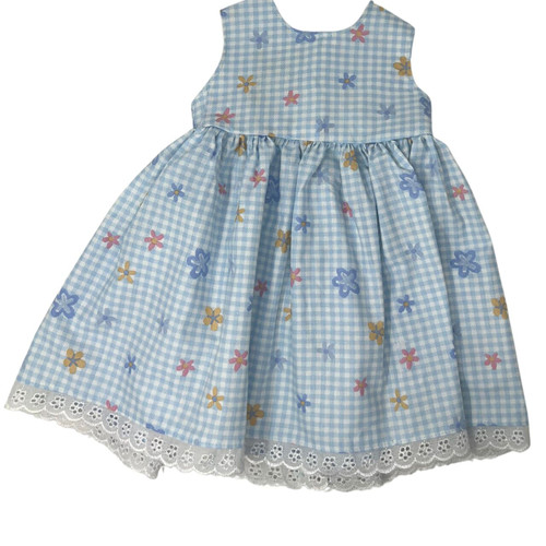 Blue Check Floral Dress for Stuffed Animals and Big Baby Dolls | Lace Trim Sleeveless Dress | Fits Build-A-Bear and 20 Inch Dolls