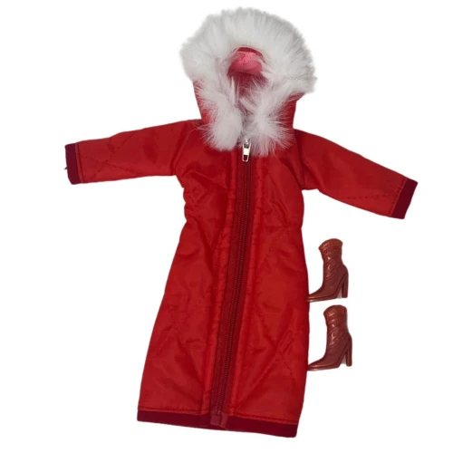Red Quilted Winter Coat with Fur Hood & Red Boots for 11.5 Inch Fashion Dolls Like Barbie