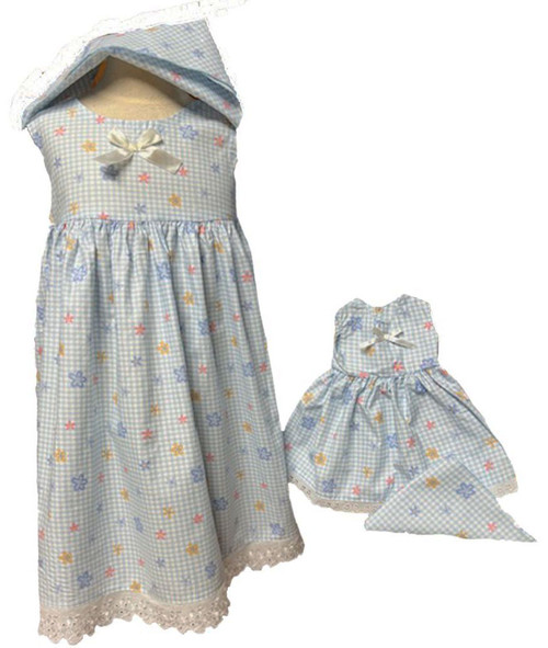 Size 3 Matching Girl and Doll Long Blue Flower and Check Dresses