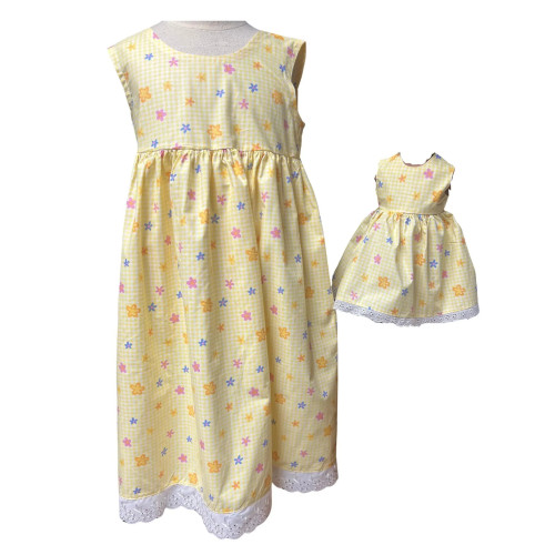 Matching Girl and Doll Yellow Floral Check Dress Set for 18 Inch Dolls and Size 4 Girls