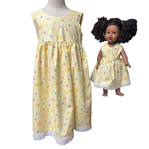 Matching Girl and Doll Yellow Floral Check Dress Set for 18 Inch Dolls and Size 4 Girls