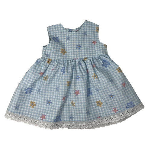 Blue Check Floral Dress for 15-16 Inch Cabbage Patch Kid Dolls | Lace Trim Sleeveless Baby Doll Dress