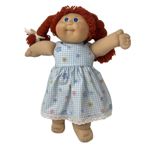 Blue Check Floral Dress for 15-16 Inch Cabbage Patch Kid Dolls | Lace Trim Sleeveless Baby Doll Dress