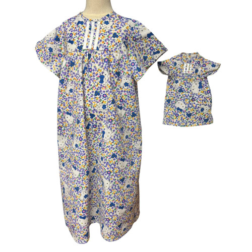 Matching Child Size 5 and 18 Inch Doll Nightgowns – Blue & Purple Floral Cotton Pajamas with Hello Kitty Print