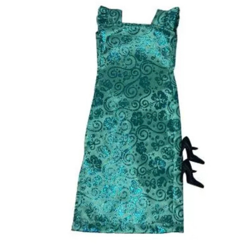 Sea Green Metallic Party Dress with Black Mary Jane Heels for 11.5 Inch Fashion Dolls
